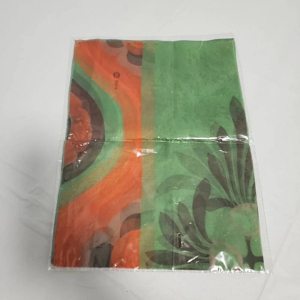 M Paris Silk Scarf Made in France Green Orange Floral Abstract Square Scarf